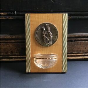Wood Wall Holy Water Font with Glass Bowl - Gold & Natural Wood
